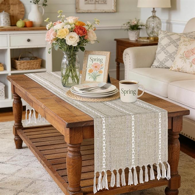 Boho Table Runner 15 x 72 inches Long, Neutral Farmhouse Dresser Runners Cover - Image 5