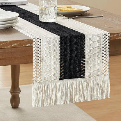 Macrame Style Bicolor Stitching Table Runner, 12 x 108 Inch Black/Ivory by ZEEMARTONLINE