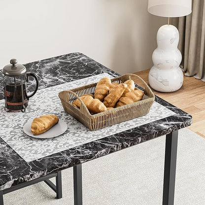 VECELO Kitchen Table and Chairs for 4, Dining Room Set with PU Chairs/Stools, Heavy-Duty Metal Frame, Faux Marble Tabletop, Space-Saving Design for Small Spaces, Easy Assembly, Veined Black