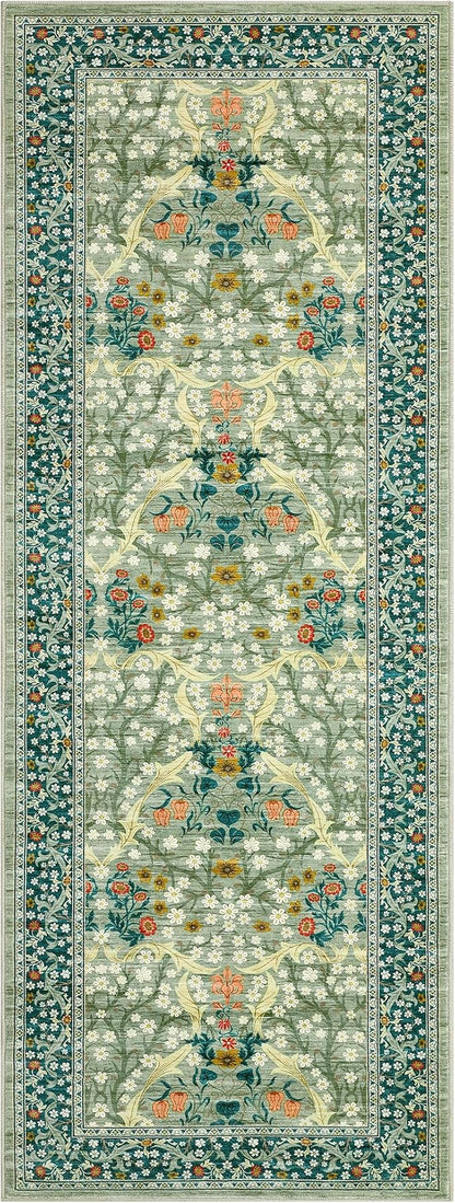 GarveeHome 2x6 Kitchen Runner Rug, Washable Rug for Hallway Non Slip Sage Green, Ultra-Thin Boho Soft Kitchen Runner Rug Botanical Carpet for Entryway, Laundry Room, Bedroom Floor Mat