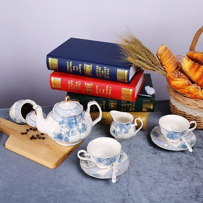 fanquare Blue Flowers Porcelain Tea Set, Tea Cup and Saucer Set Service - Image 6