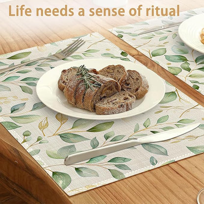 Placemats12x18 Inch,Eucalyptus Leaves Placemats,Sage Green Leaf Kitchen Dining Coffee Table Mats Set of 6 for Home Indoor Outdoor Party