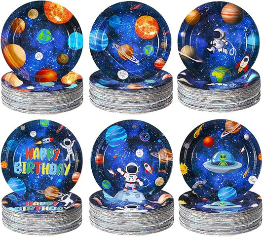 60 Pcs Outer Space Birthday Party Supplies 7 Inch Solar System Paper Plates Astronaut Dessert Plates Space Theme Party dishes for Birthday Baby Shower Decorations