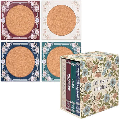 Steel Mill & Co Book Coaster Set of 4, Classic Wood & Cork Drink Coasters with Decorative Paper-Wrapped Storage Box for Aesthetic Coffee Table Decor for Book Lovers (Jane Austen)