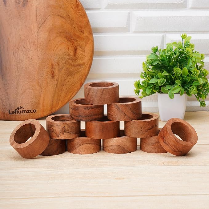 Acacia Wood Napkin Rings Set of 12 – Handmade Round Rustic Wooden Napkin Holders - Image 4