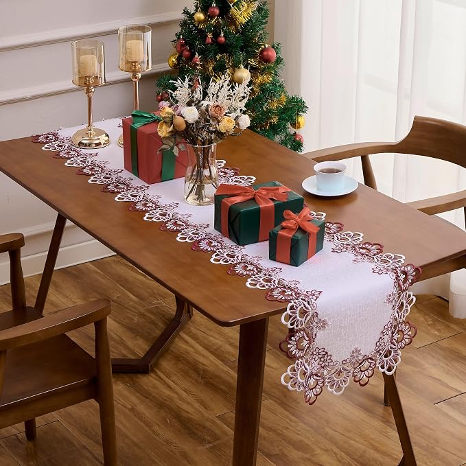 White Dark Red Jacquard Lace Table Runner 90 inches Long, Claret Dresser Scarf - Image 3