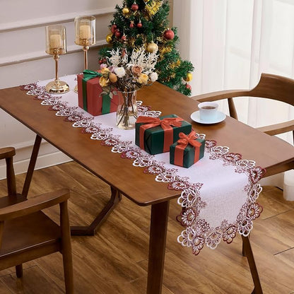 White Dark Red Jacquard Lace Table Runner 90 inches Long, Claret Dresser Scarf - Image 3