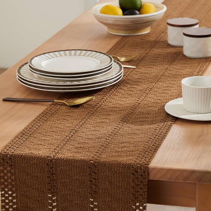 Macrame Style Boho Table Runner, 12x36 Inch Caramel | Woven Boho Table Runner - Image 5