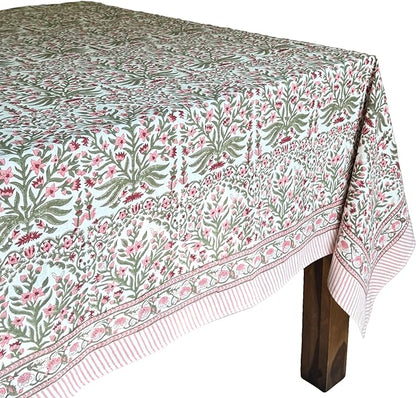 ATOSII Nargis Pink 100% Cotton Rectangle Boho Spring Summer Tablecloth, Handblock Floral Table Cloth Linen for Kitchen Dining I Parties Wedding Outdoors Easter I 72 X 120 Inches I 10 Seater
