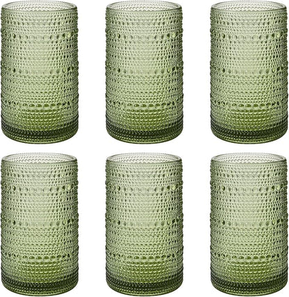Vintage Hobnail Drinking Glasses Set of 6, 16 oz Large Capacity Embossed Green Tumblers, Highball Glasses for Water, Cocktail, Beer, Whiskey, Kitchen & Bar Use