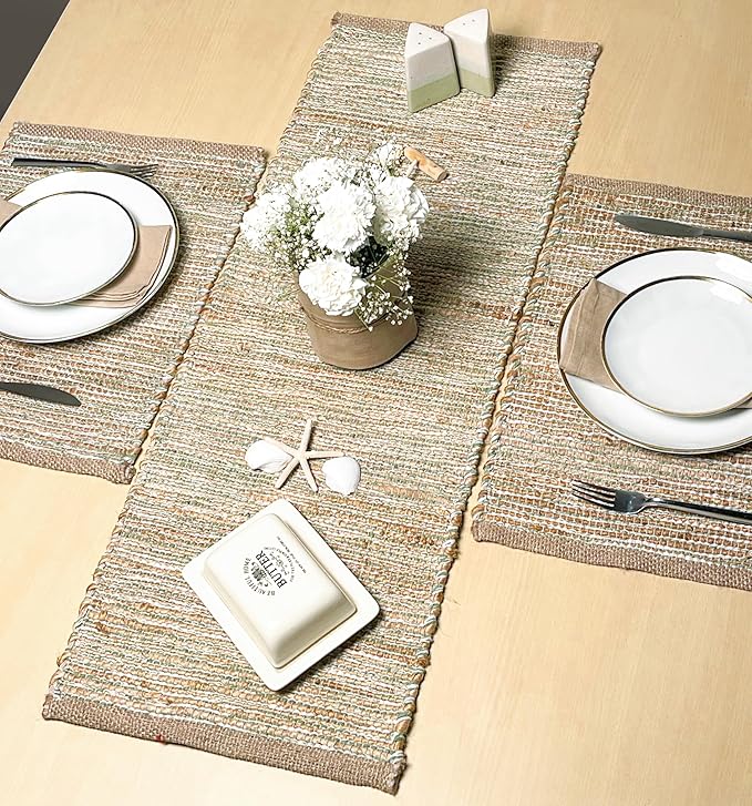 Natural Jute Table Runner, 13x36 Inch, Sage Green-White | Vintage Boho Rustic by ChardinHome