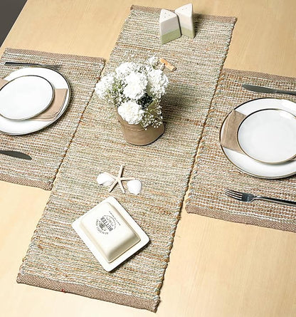 Natural Jute Table Runner, 13x36 Inch, Sage Green-White | Vintage Boho Rustic by ChardinHome