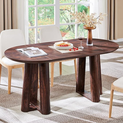 OKD 63" Dining Table for 6-8, Oval Dining Room Table with Triangular Structure Pedestal Stable Base, Curved Table Edge, Circle Kitchen Tables for Dining Room, Kitchen, Dark Walnut
