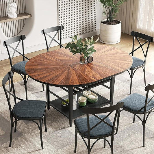 VFK 47.2"-63" Extendable Round Dining Table Set for 4–6, Solid Wood & Metal Table with Wine Rack Storage Shelf, Walnut Kitchen Furniture with 6 Upholstered Chairs (Storage Table and 6 Black Chairs)