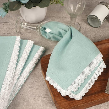 Fingercraft Dinner Cloth Napkin Cotton Linen Set of 12 Mitered Corners with Natural Elegant Lace for Everyday Use Napkins are Pre Shrunk and Good Absorbency with Lace 20x20 in Aqua