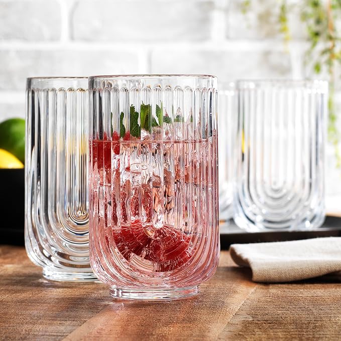Glaver's 8-Piece Drinking Glass Set, Art Deco Ribbed Arch Glassware, 17oz - Image 2