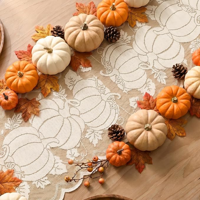 Artoid Mode Beige Lace Jacquard Pumpkin Leaf Fall Table Runner, Seasonal - Image 4