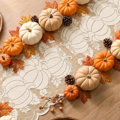 Artoid Mode Beige Lace Jacquard Pumpkin Leaf Fall Table Runner, Seasonal - Image 4