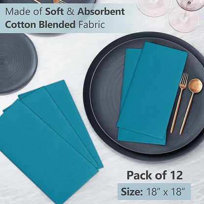 Ruvanti Cloth Napkins Set of 12, 18x18 Inches Napkins Cloth Washable, Soft, Durable, Absorbent, Cotton Blend. Table Dinner Napkins Cloth for Hotel, Lunch, Restaurant, Weddings, Events, Parties - Teal