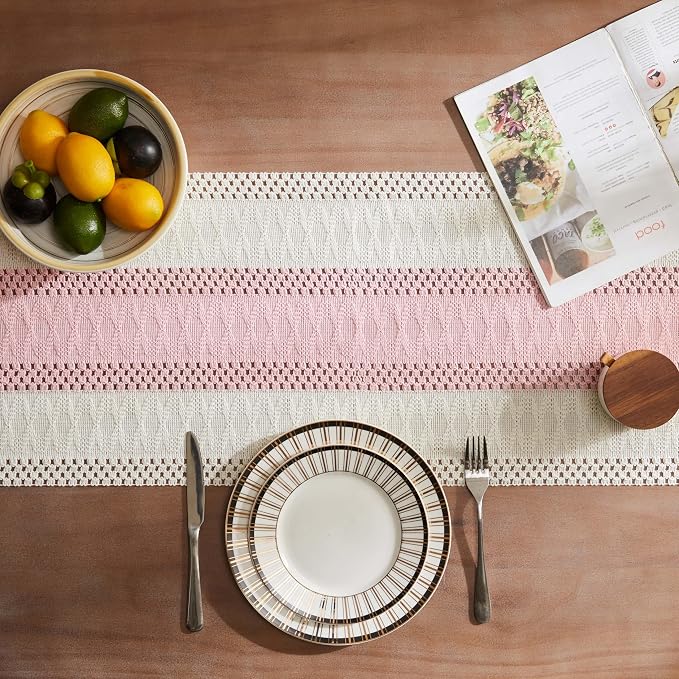 Macrame Style Bicolor Stitching Table Runner 14x72in Light Pink | Woven Boho - Image 4