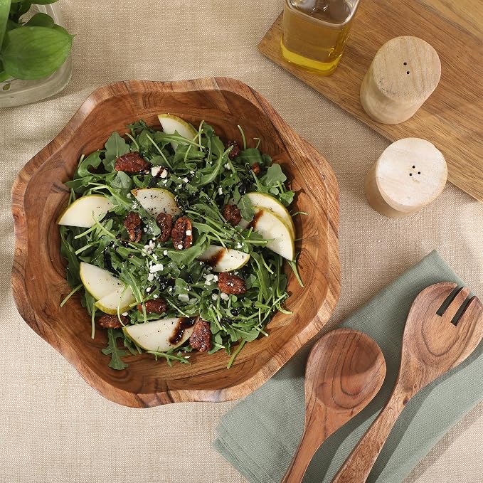 Gibson Home Sandhurst 3-Piece Acacia Wood Salad Bowl Set – 12-Inch Scalloped - Image 5