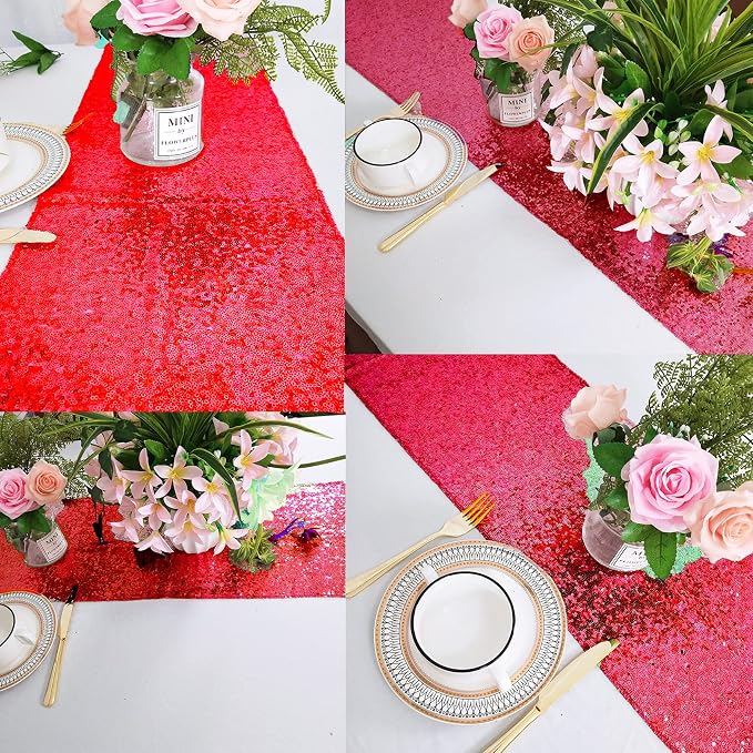 12 Packs 12 X 108 Inch Red Sequin Table Runner Glitter Dining Table Runner - Image 7