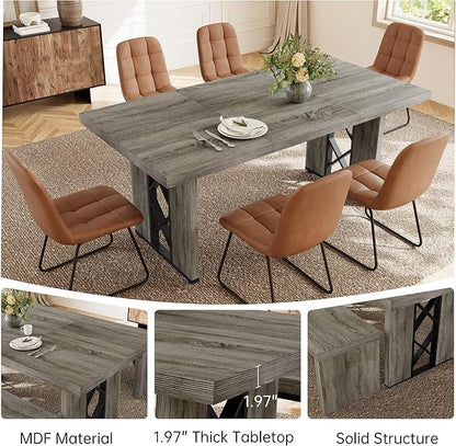 7-Piece Dining Table Set for 6 People, 70.8" MDF Kitchen Table with 6 Upholstered Chairs, Space-Saving for Dining Room, Breakfast Nook(Grey Table+6 Brown Chairs)
