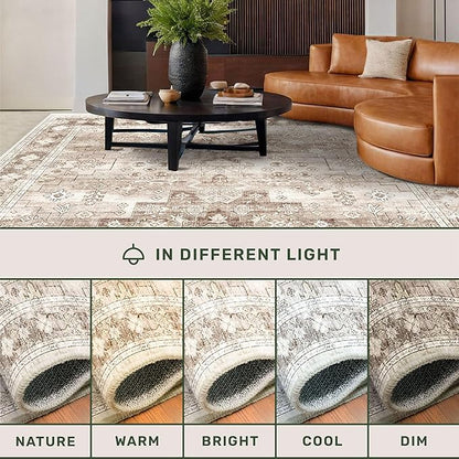 Boho 2x7 Long Runner, Neutral Farmhouse Hallway Rug, Small Throw Runners for Bedroom, Bathroom, Kitchen, Vintage Floral Decor & Non-Slip Low-Pile Washable Stain Resistant, Latte Beige