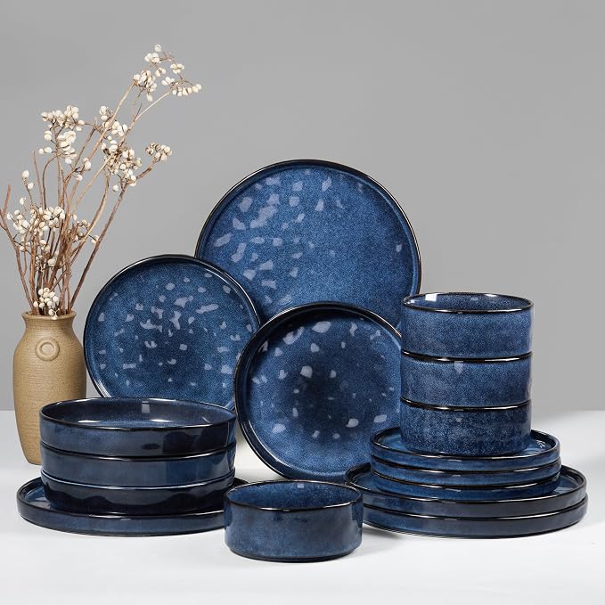 HaWare Dinnerware Sets, 16-Piece Plates and Bowls Set, Reactive Starry Blue | by HaWare