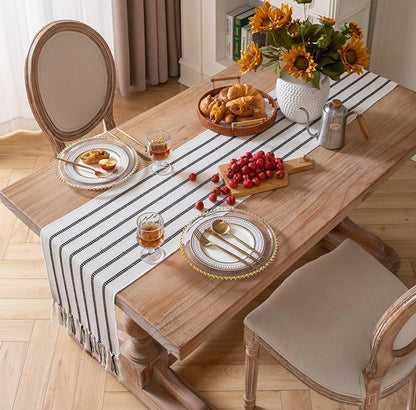 Caflife Boho Table Runner 108 Inchs Long Black and Beige, Cotton and Linen Woven - Image 7