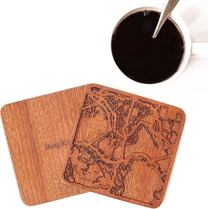 Hong Kong Map Coaster by O3 Design Studio, Set Of 4, Sapele Wooden Coaster With City Map, Handmade