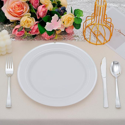50 PCS Silver and White Plastic Plates for 50 Guests,10.25inch Silver Rimmed White Disposable Plastic Plates for Wedding,Party,Birthday,Smooth Edge & Heavy Duty Dinner Plate