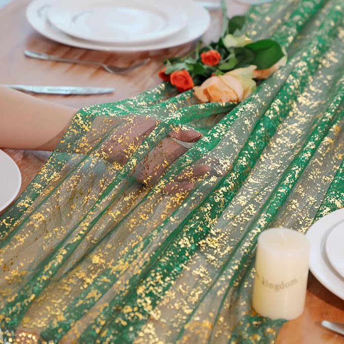 Snowkingdom Green Gold Gauze Table Runner 10FT 120 Inch Long, Glitter Sheer - Image 3