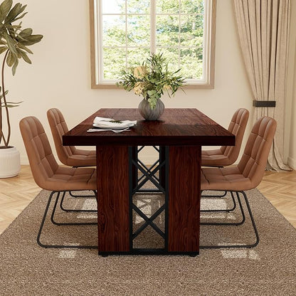 7-Piece Dining Table Set for 6 People, 70.8" MDF Kitchen Table with 6 Upholstered Chairs, Space-Saving for Dining Room, Breakfast Nook(Walnut Table+6 Brown Chairs)