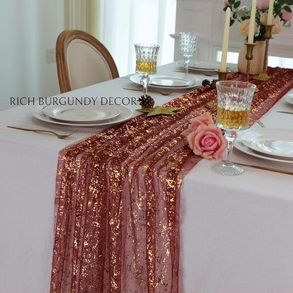 Snowkingdom Burgundy Gold Gauze Table Runner 10 Ft, Glitter Sheer Metallic Foil - Image 4