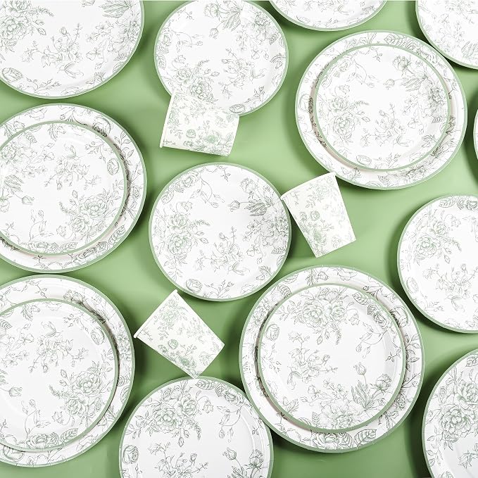 175Pcs Sage Green Floral Paper Plates and Napkins 25 Guests Green Toile - Image 4