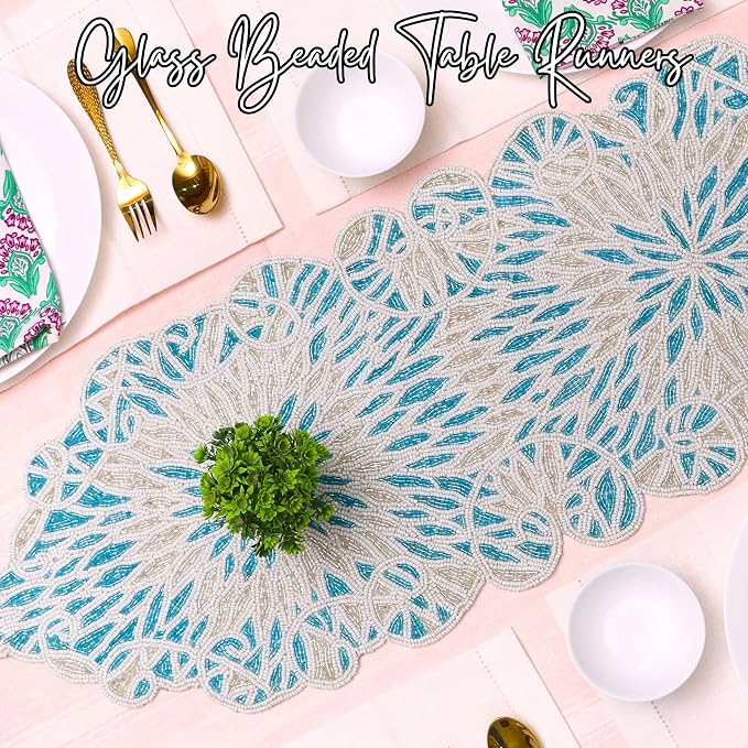 Beaded Table Runner, Sky Blue White, 36x13 | Glass beads on polyester backing - Image 2