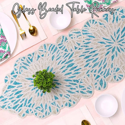 Beaded Table Runner, Sky Blue White, 36x13 | Glass beads on polyester backing - Image 2