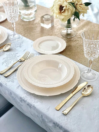 OCCASIONS 80 Plates Pack (40 Guests), Heavy Duty Fancy Ivory Plastic Wedding Plates, 40x11" Dinner + 40x8.25" Salad/Dessert, Disposable Reusable Elegant Vintage (Chateau Ivory)