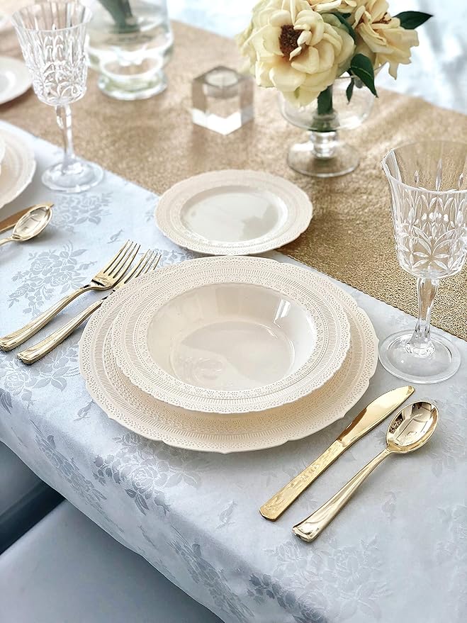 " OCCASIONS " 120 Plates Pack,(60 Guests) Extra Heavyweight Vintage Wedding Disposable/Reusable Plastic Plates 60 x 11'' Dinner + 60 x 8.25'' Salad/Dessert Plate (Chateau Ivory)