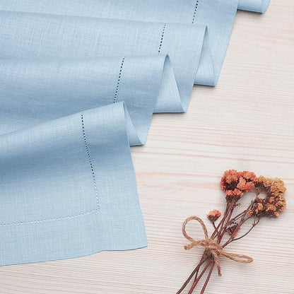 D'Moksha Homes Linen Powder Blue Table Runner 48 Inches - Classic Hemstitch, 100% Pure Linen Coffee Table Runner 14 x 48 Inch Ideal for Dresser Tables - Spring, Easter