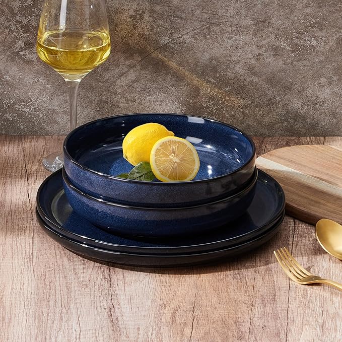 E-far Blue Pasta Bowls Set of 4, 35oz Double Reactive Glaze Stoneware | Wide & - Image 5