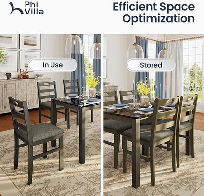 PHI VILLA Solid Wood Dining Table Set for 4, Marble Design Kitchen Table Chairs Set of 4, 5 Piece Space-Saving Dining Room Table Set for Apartment, Emperador Dark Marble& Olive