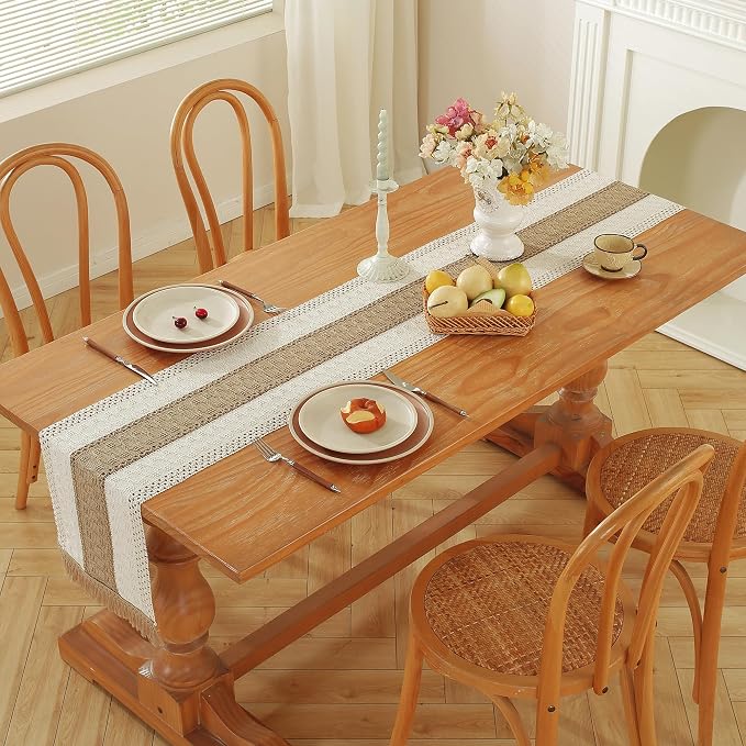 Boho Table Runner for Brown White Tassel Home Decor 90 Inches Long, Modern - Image 3