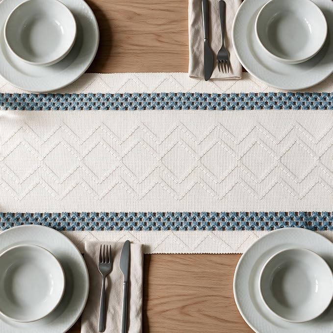 Artoid Mode Sky Blue Stripe Woven Rustic Table Runner 12x72 Inch | Holiday - Image 5