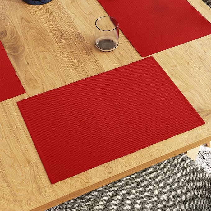 Encasa XO Dining Placemat Set of 6 | Solid Red Color | Fine Ribbed Cotton Table mat | Size 19x13 in | Machine Washable