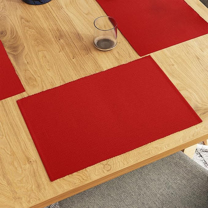 Encasa XO Dining Placemat Set of 6 | Solid Red Color | Fine Ribbed Cotton Table mat | Size 19x13 in | Machine Washable