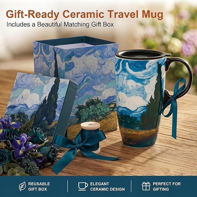 Topadorn 17oz Van Gogh Wheat Field Ceramic Travel Mug - Image 6