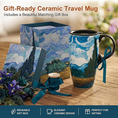 Topadorn 17oz Van Gogh Wheat Field Ceramic Travel Mug - Image 6