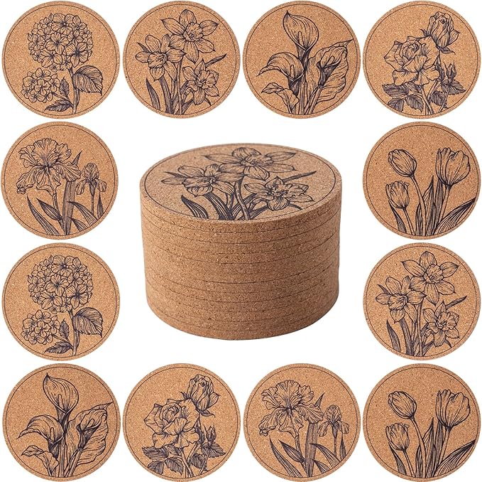 Cork Coasters for Drinks Absorbent Non Slip 12pcs 4 Inch Flower | Coaster for by Staruby